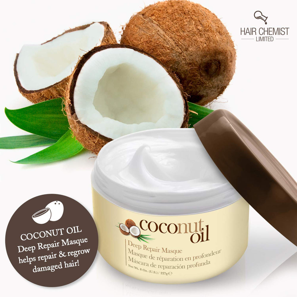 Hair Chemist Coconut Oil Deep Repair Masque hero shot with product and coconut imagery.