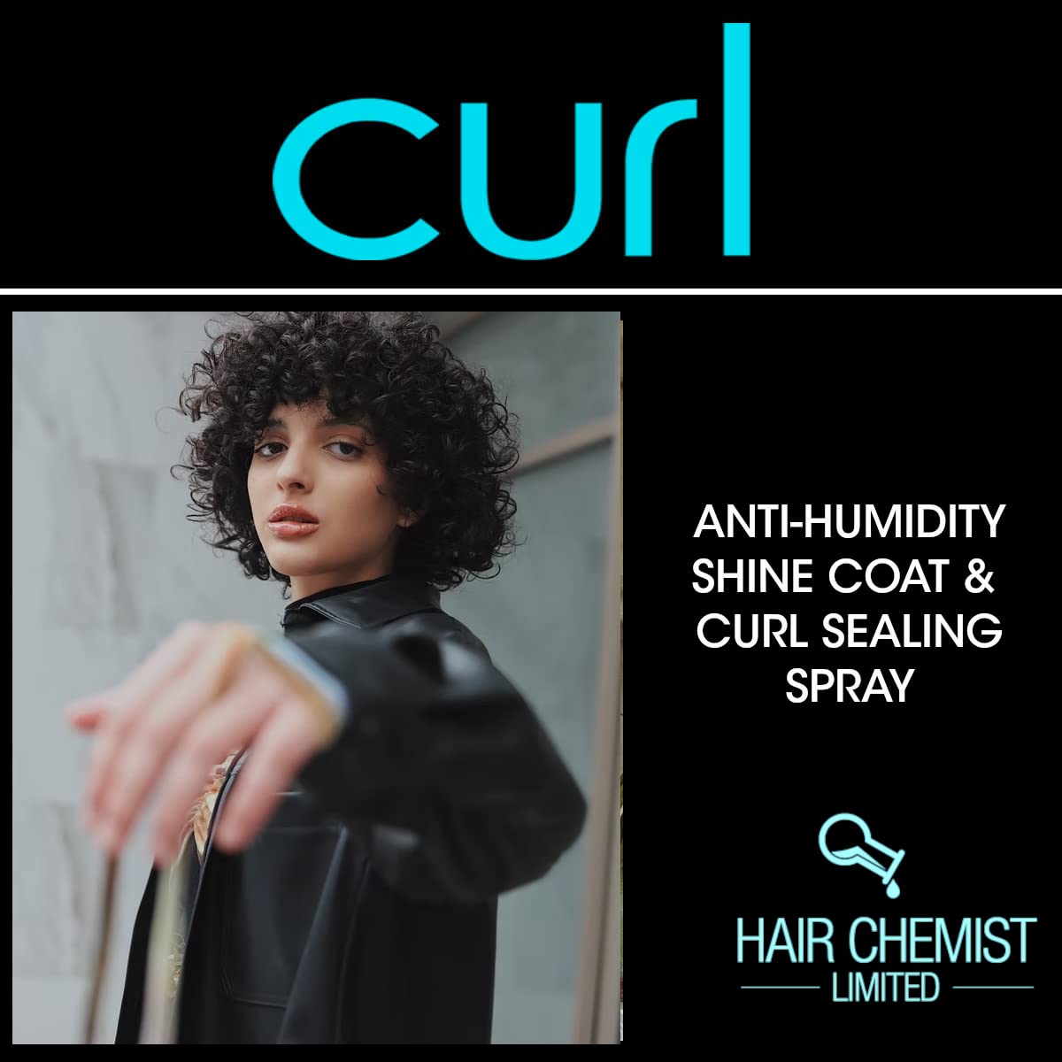 Hair Chemist CURL application mist in hand shows even distribution.