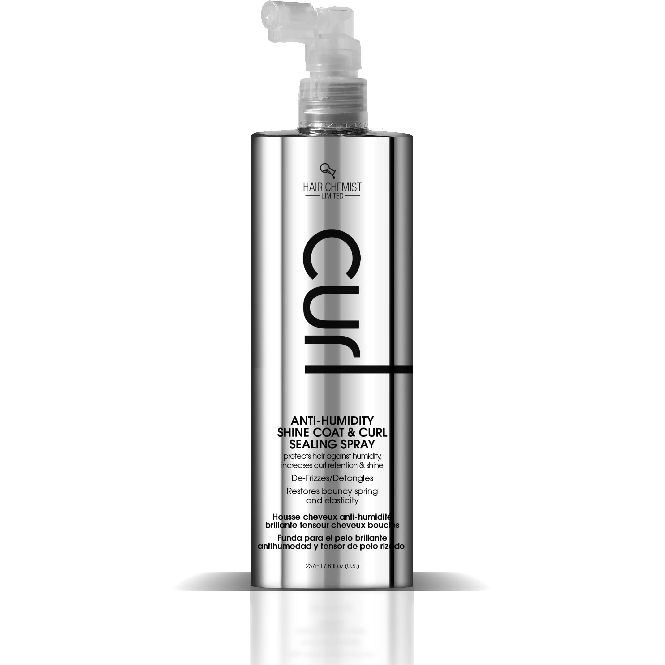 Hair Chemist CURL Shine Coat dispenser highlights curl sealing and gloss.