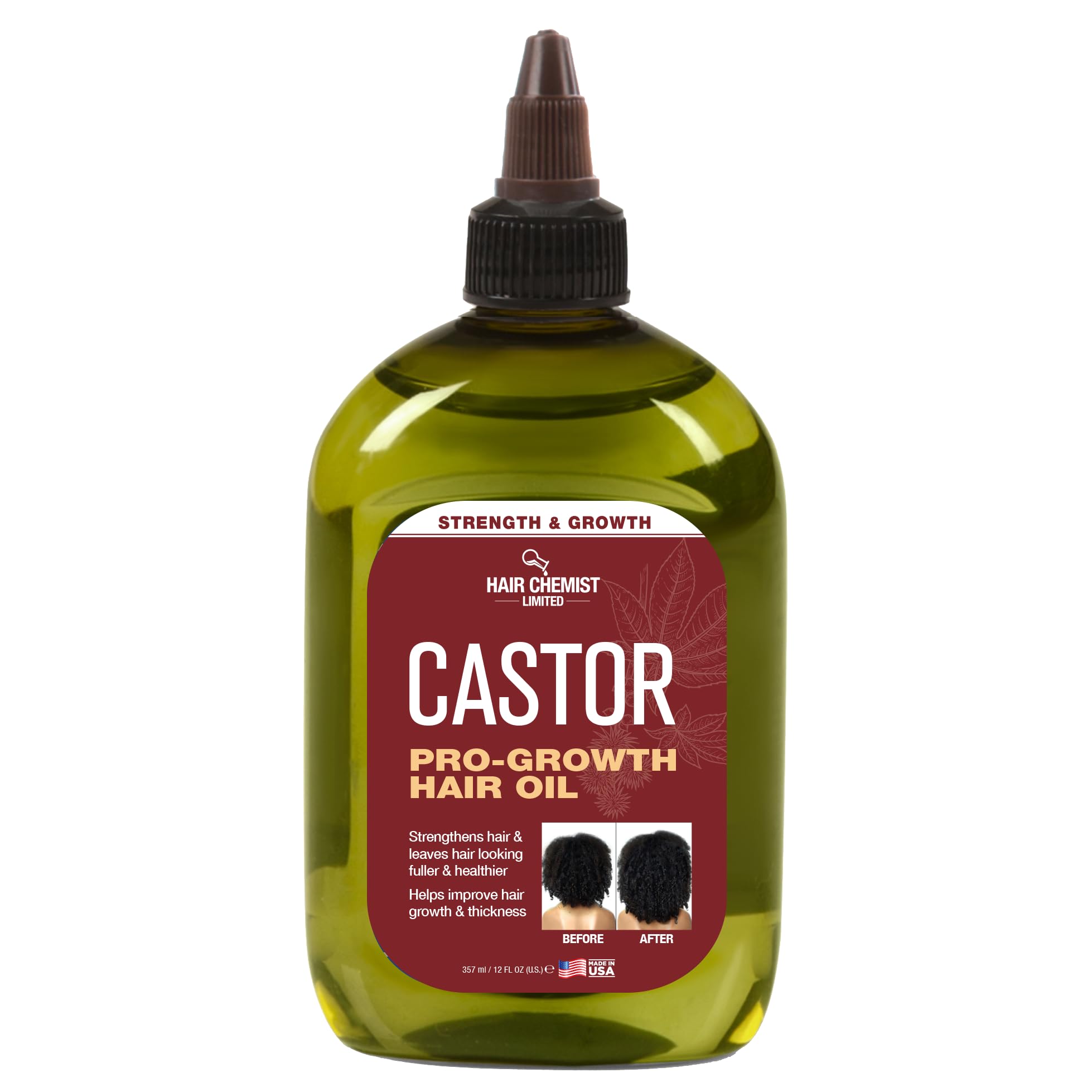 Hair Chemist Pro-Growth castor oil bottle shows nourishing formula for fuller-looking hair