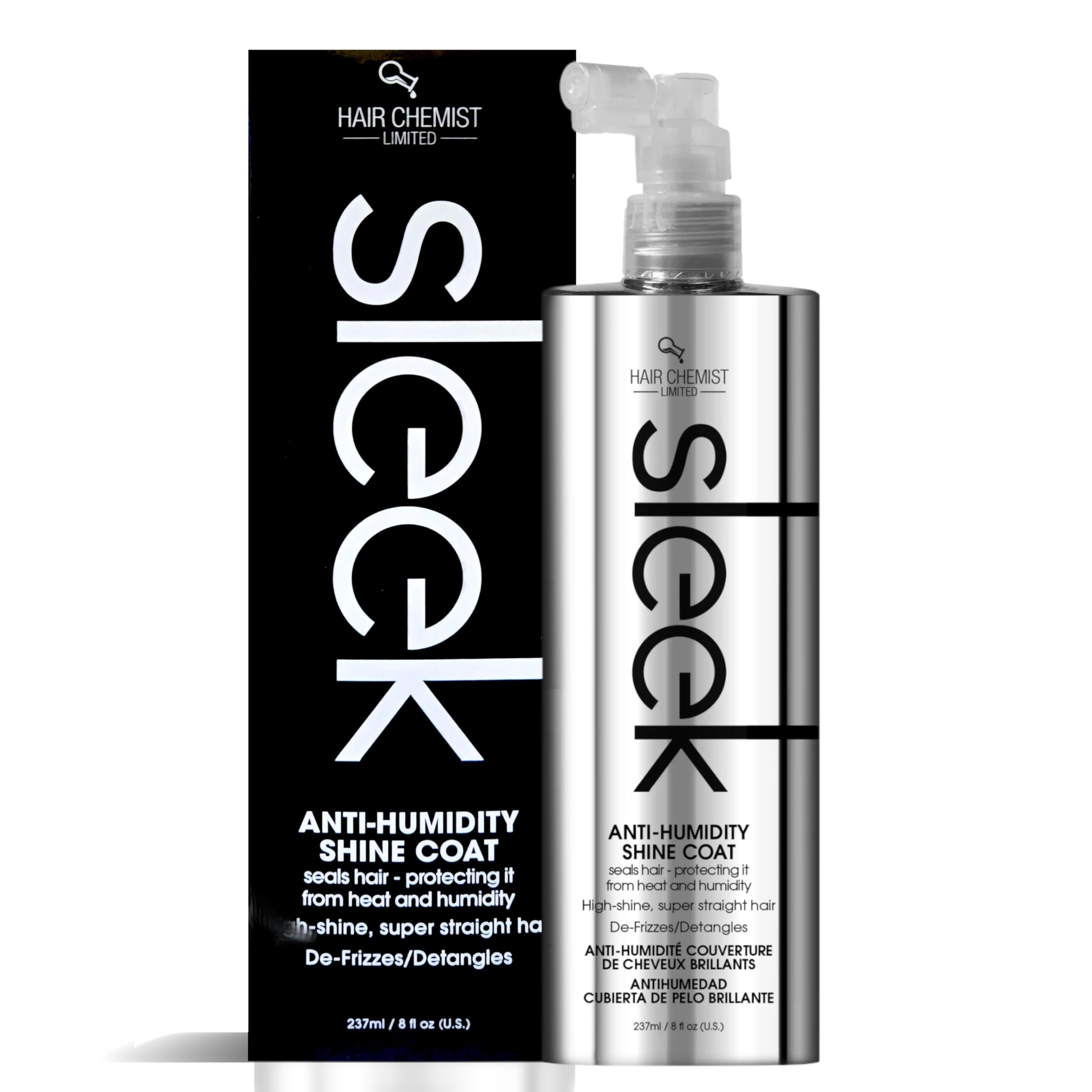 Hair Chemist SLEEK anti-humidity shine coat bottle showing humidity protection and shine