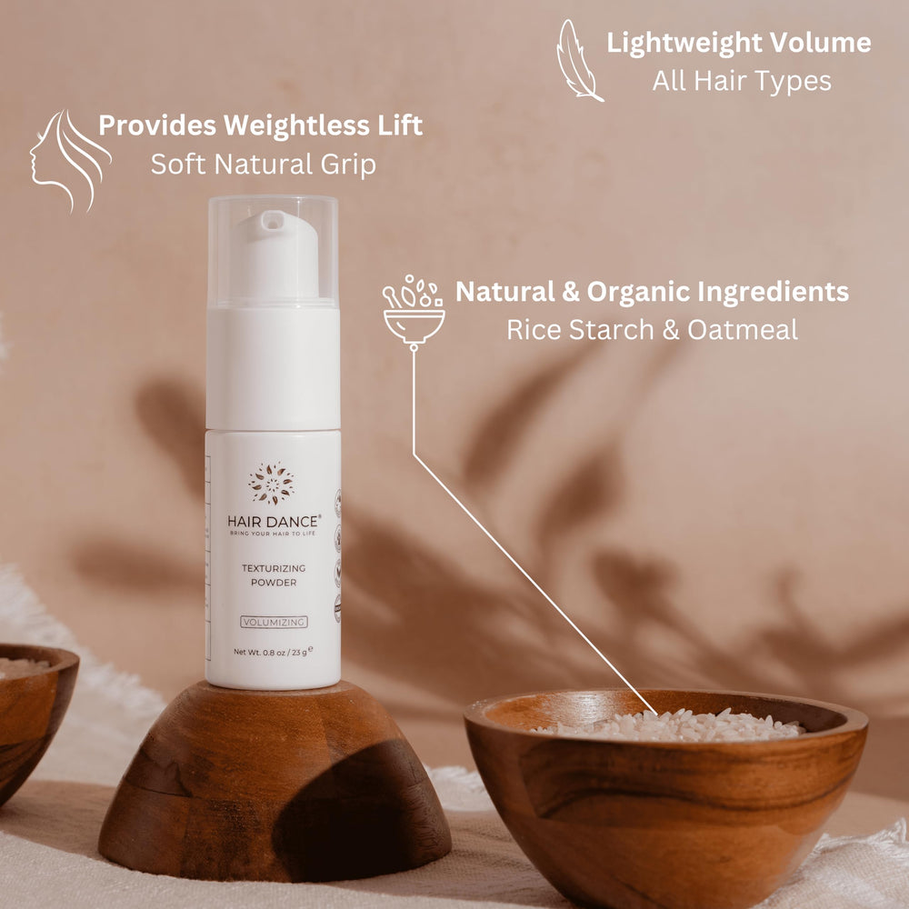 Hair Dance volumizing powder texture sample highlights natural volume with a soft finish.