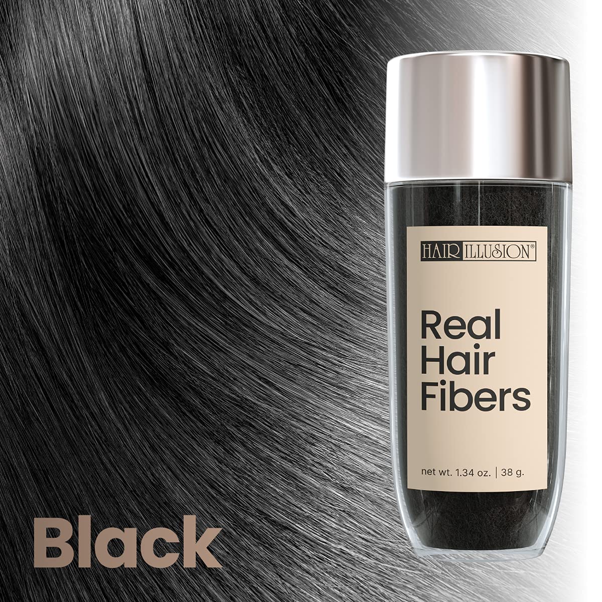 Hair Illusion 38g black fibers close-up shows natural real-hair blend.