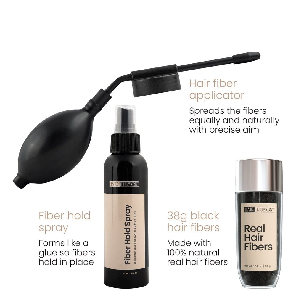 Hair Illusion holding spray on scalp area shows stain-free performance on pillow and clothing.