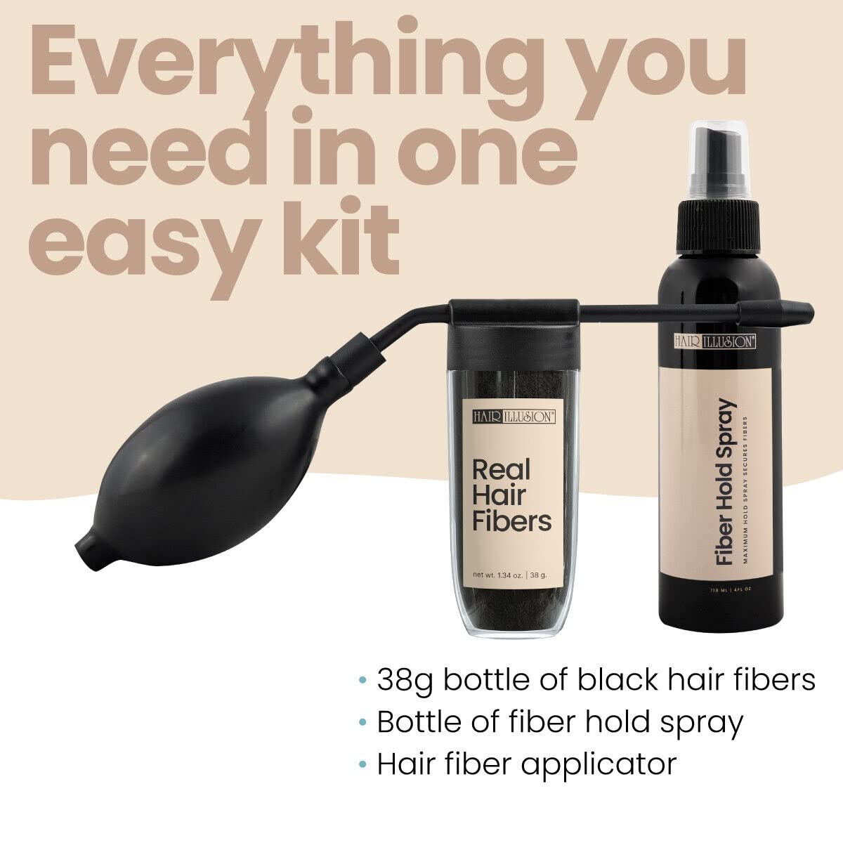 Hair Illusion full kit image shows fibers, spray, and applicator ready for use.