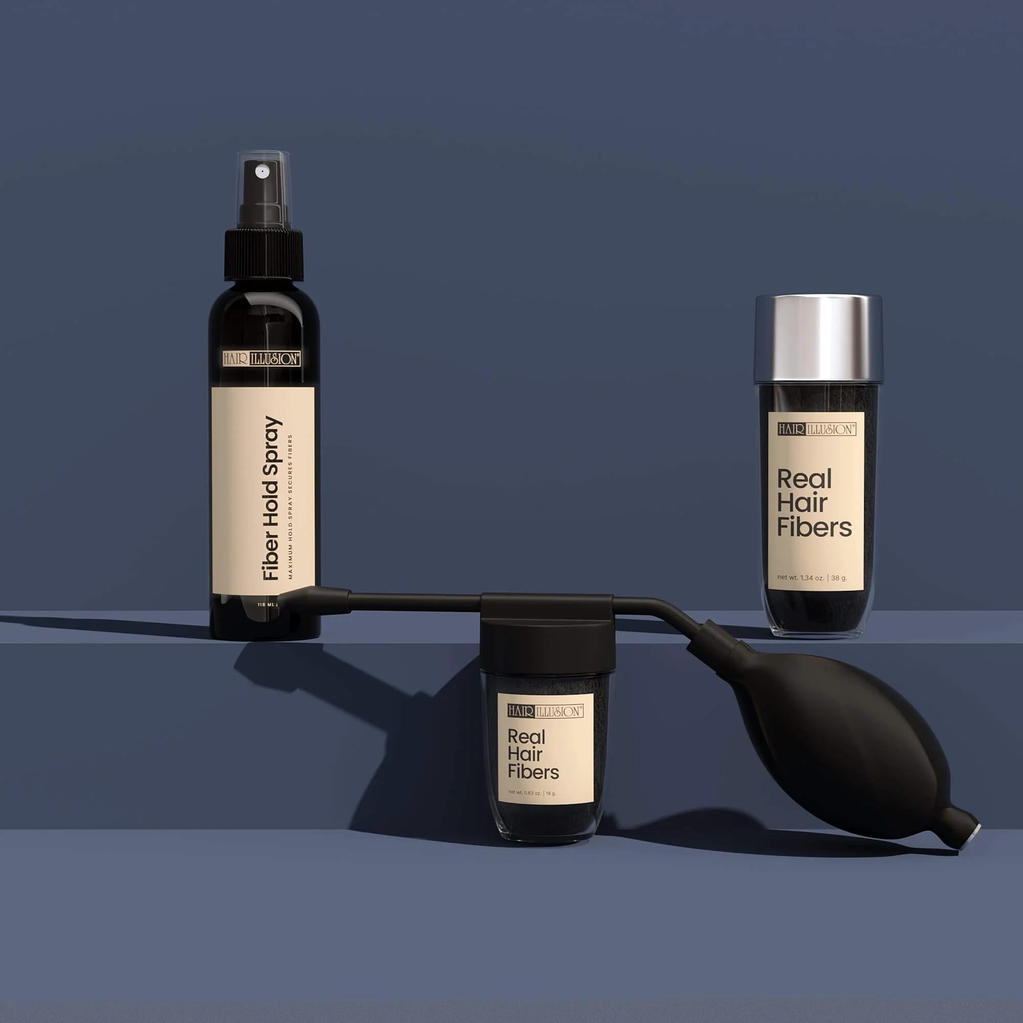 Hair Illusion holding spray bottle demonstrates secure all-day hold without flaking.