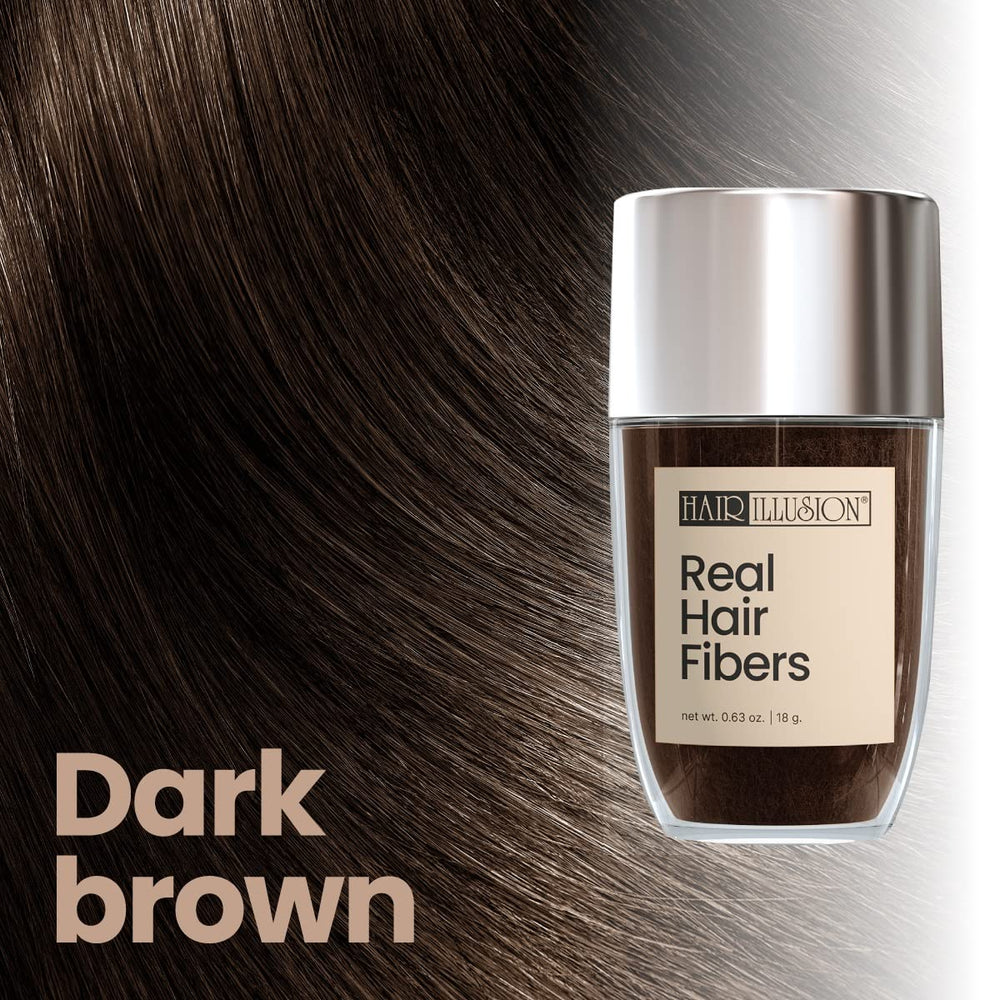 Hair Illusion Dark Brown application closeup shows natural fibers blending with real hair.