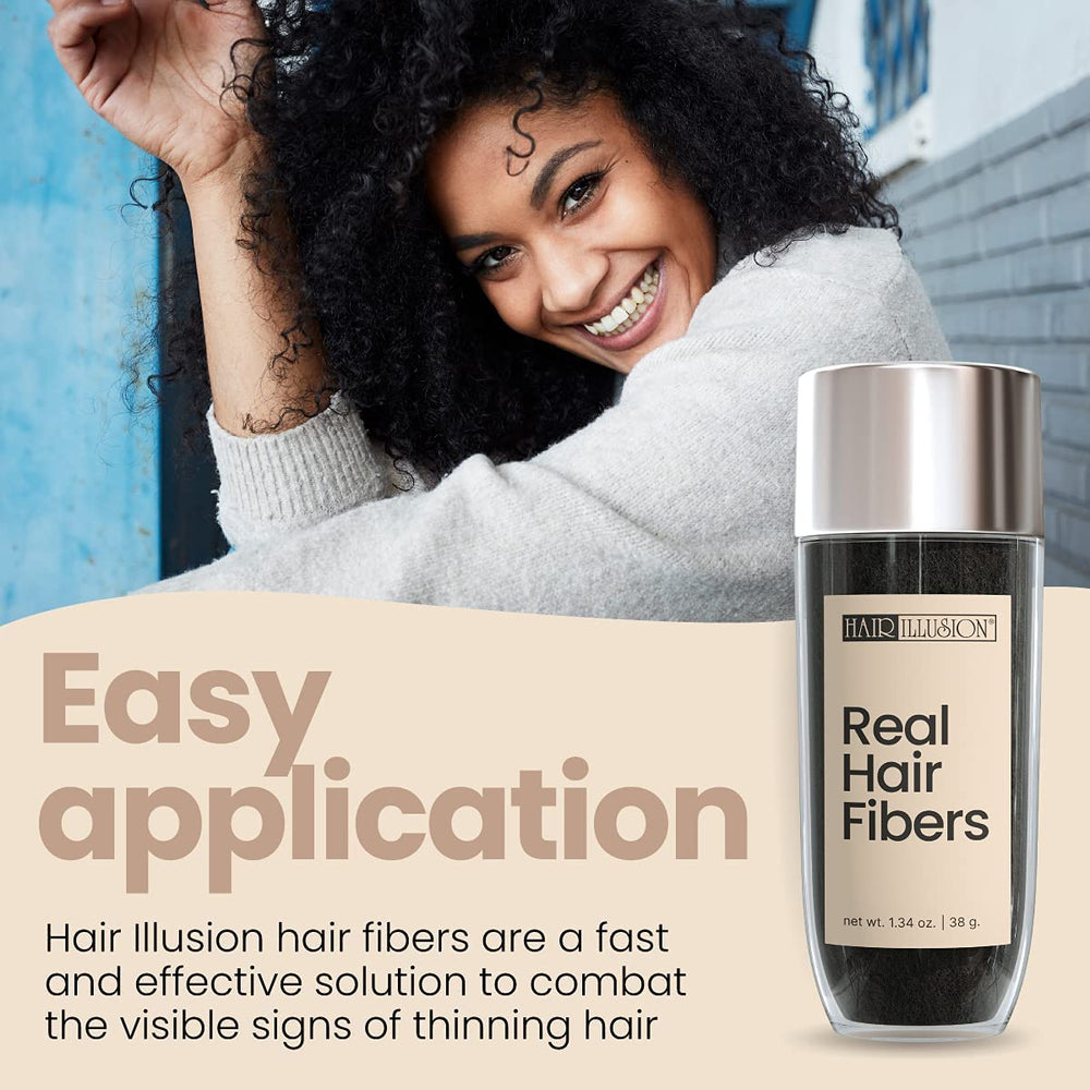 Hair Illusion fibers close-up in jet-black shade for natural blending.