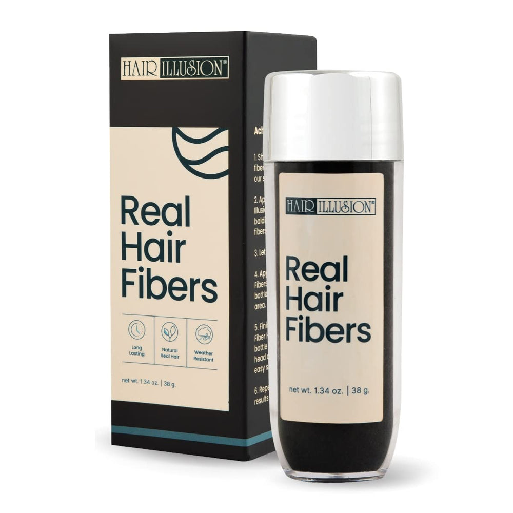 Hair Illusion jet-black bottle front shows premium hair thickener for a fuller look.