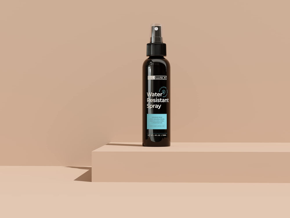 Hair Illusion spray used in a rainy-day scenario for moisture-resistant results.