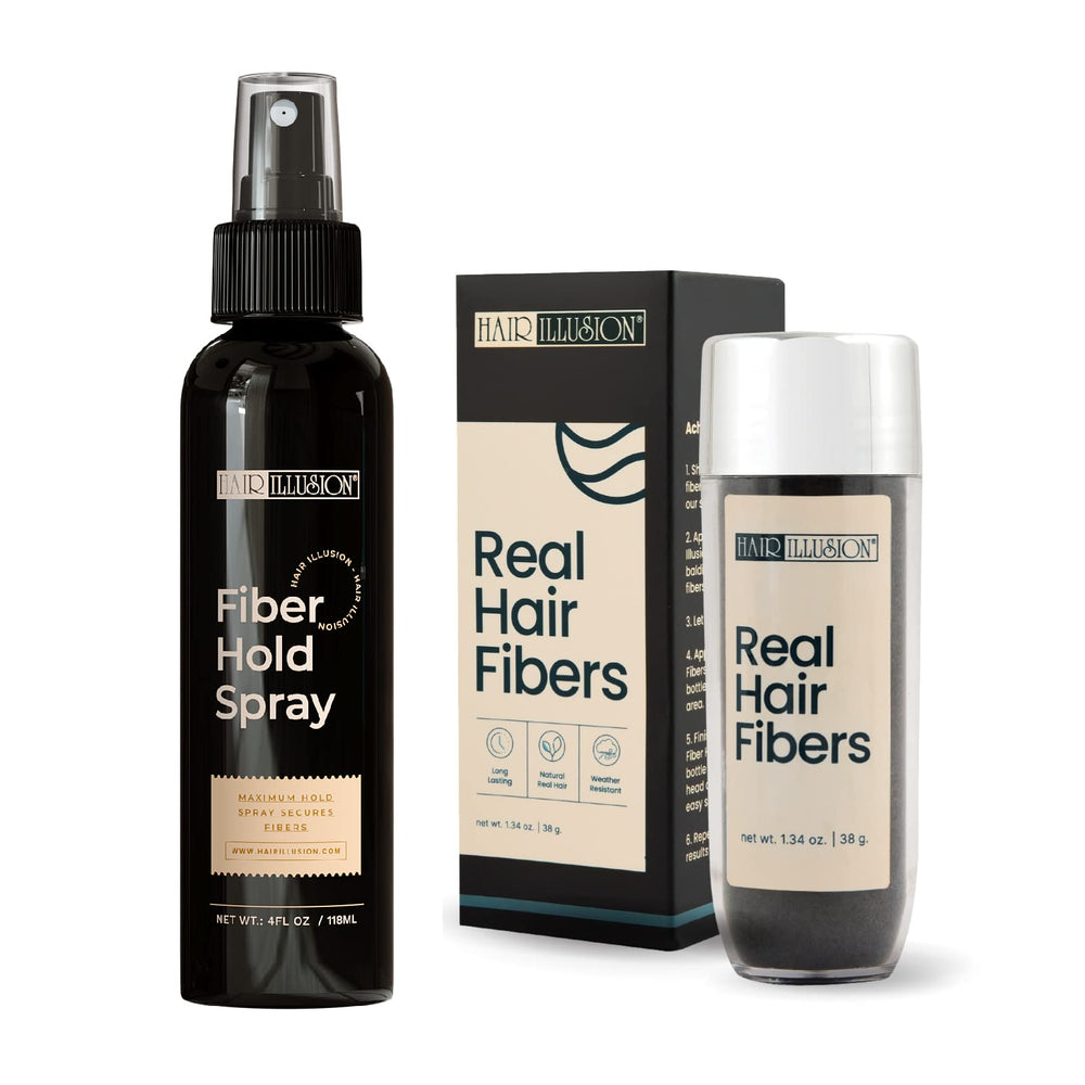 Hair Illusion Real Black Fibers 38g application close-up for a natural fuller look.