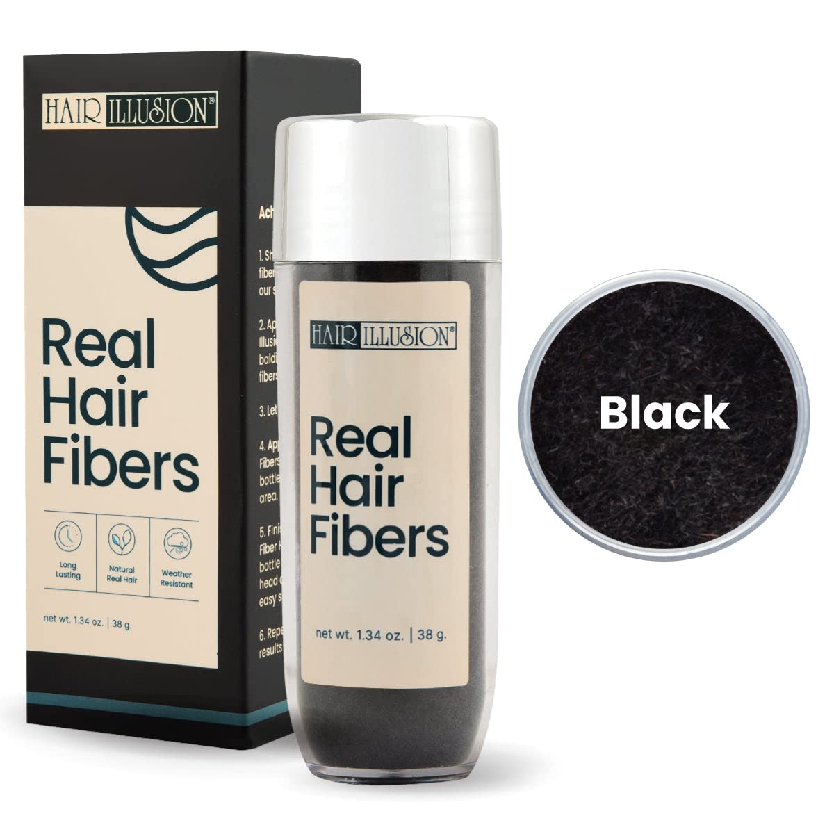 Hair Illusion Real Black Fibers 38g blends naturally for thicker-looking hair.