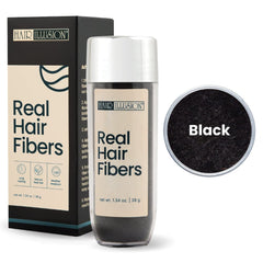 Hair Illusion Real Black Fibers 38g blends naturally for thicker-looking hair.