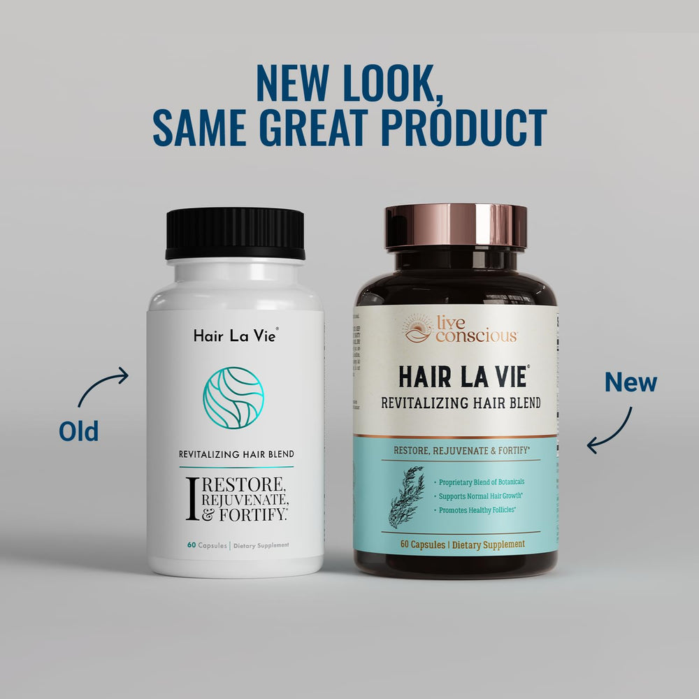 Hair La Vie Revitalizing Blend capsules closeup highlights biotin and collagen benefits