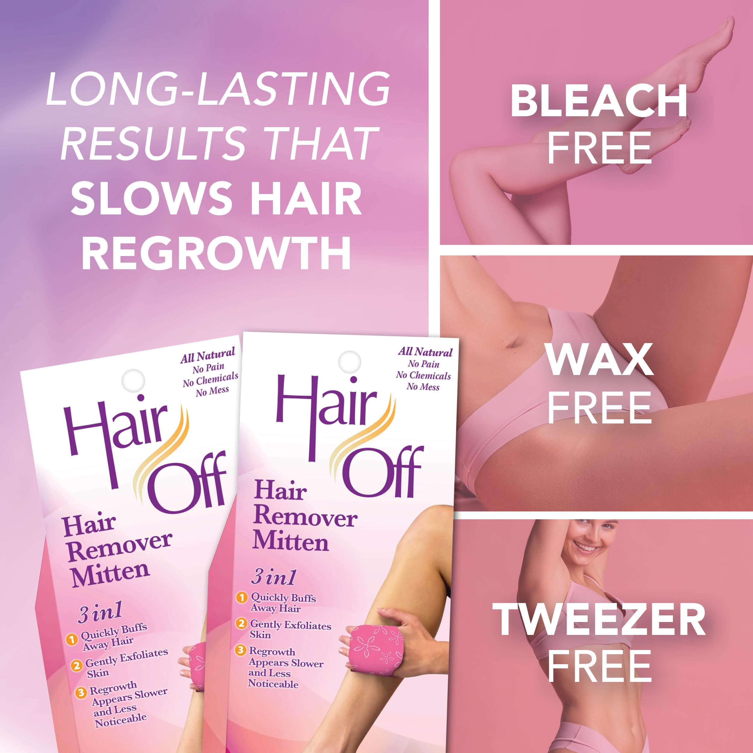 Hair Off mitten chemical-free design supports at-home, odor-free grooming