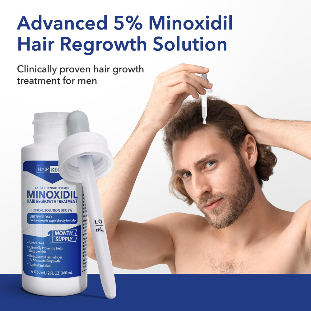Hair Regen label close-up detailing 5% minoxidil formula and usage.