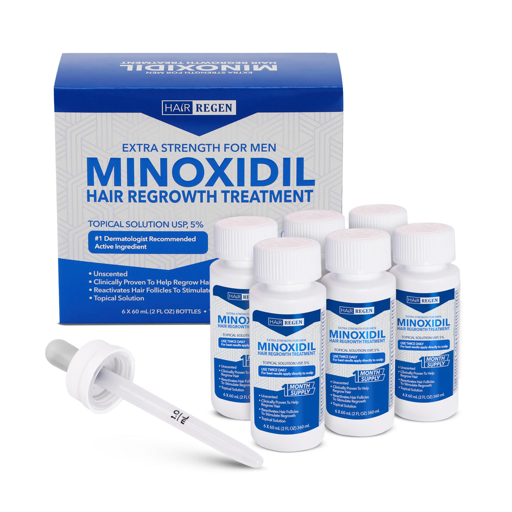 Hair Regen minoxidil bottle front showing 5% strength for daily scalp treatment.