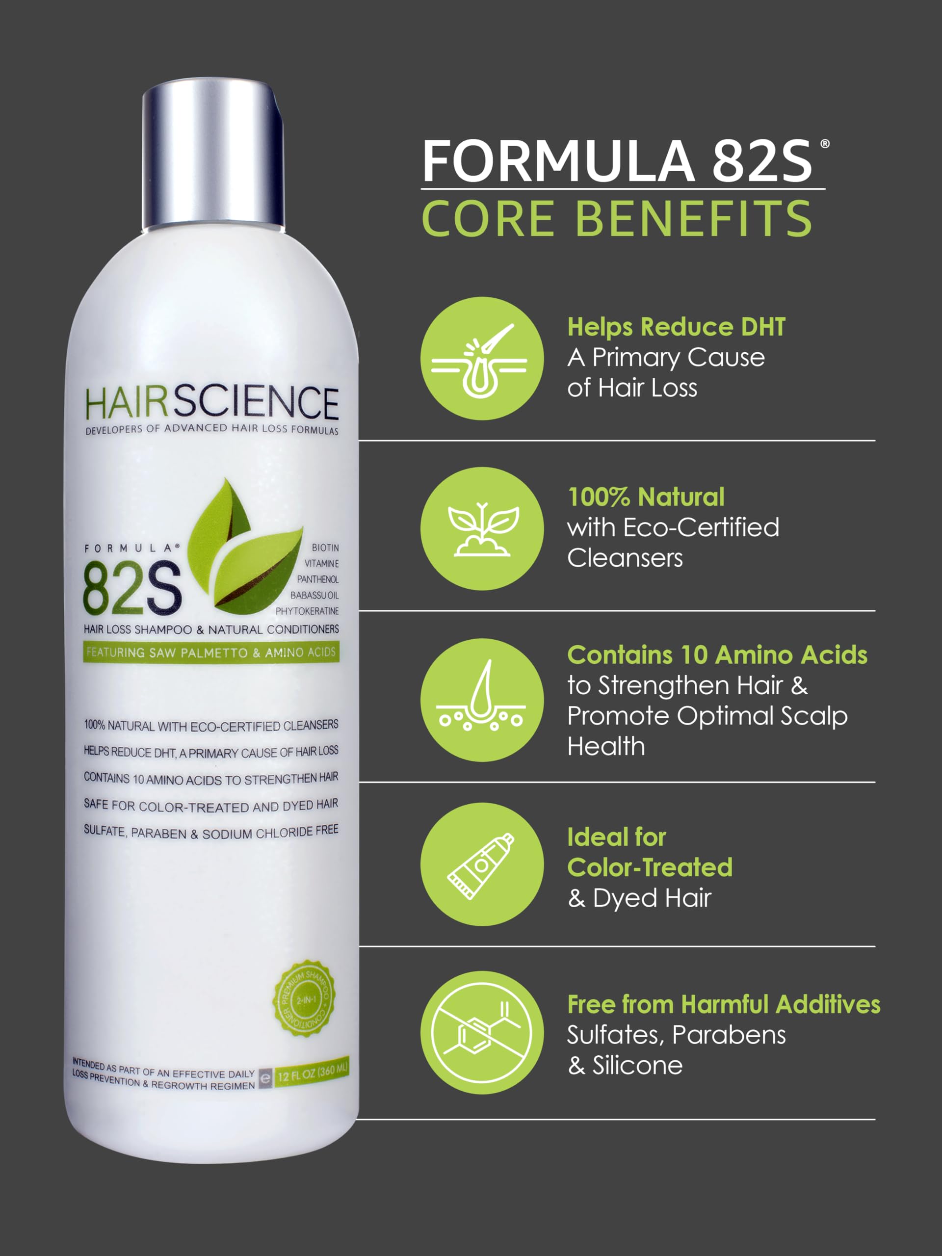 Hair Science Formula 82S amino acid complex strengthens strands.