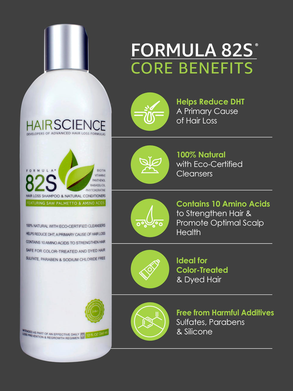 Hair Science Formula 82S amino acid complex strengthens strands.