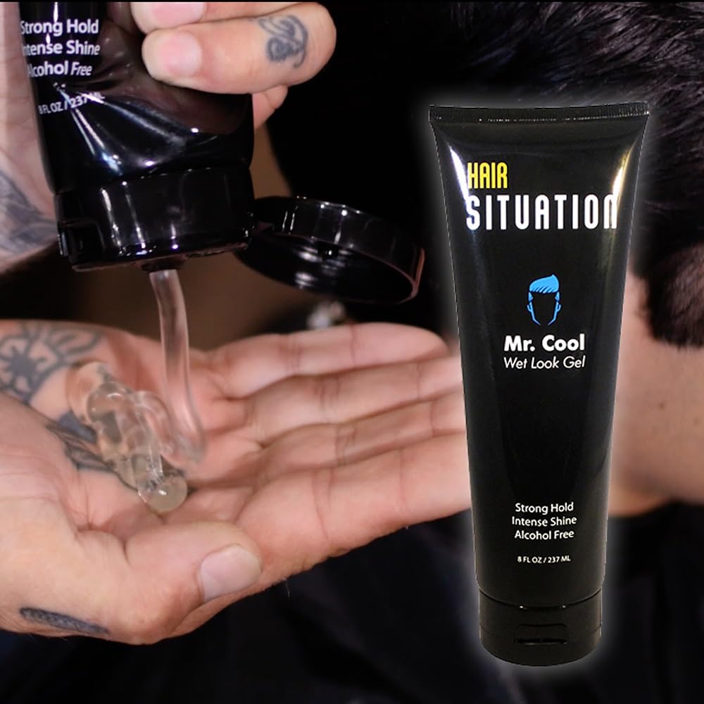 Hair Situation Mr. Cool Wet Look Gel application demonstrates sleek styling