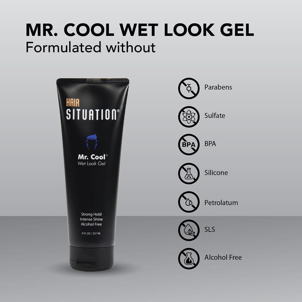 Hair Situation Mr. Cool Wet Look Gel in hands emphasizes clean finish