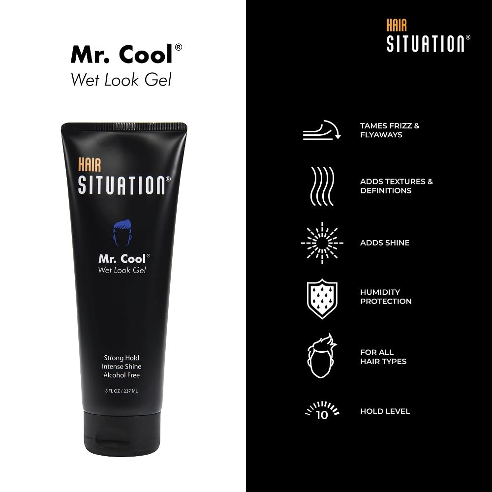 Hair Situation Mr. Cool Wet Look Gel shine shot illustrates luminous gloss