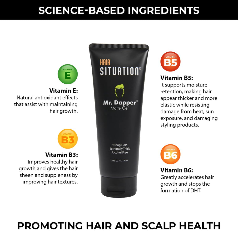 Hair Situation Mr. Dapper alcohol-free gel provides lightweight, scalp-friendly styling.
