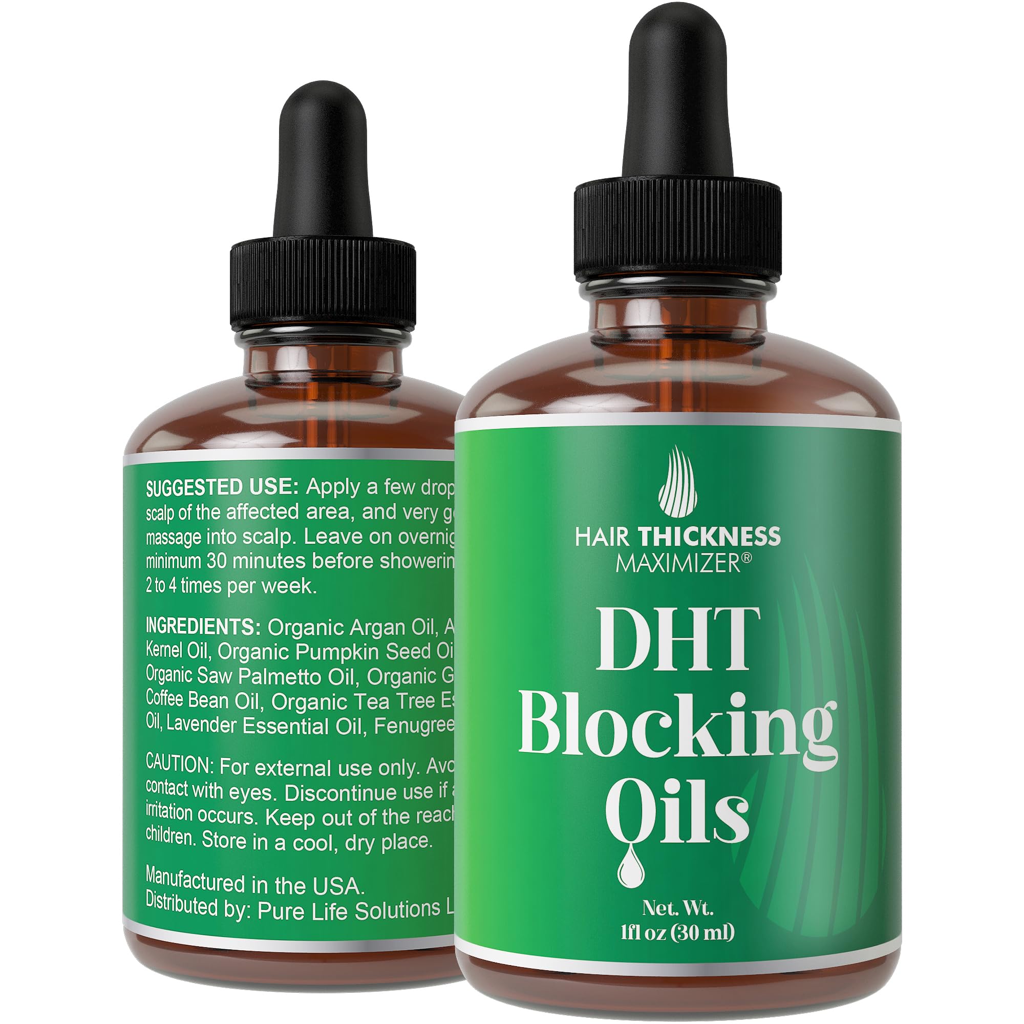 Hair Thickness Maximizer DHT Serum bottle shows vegan unscented formula for daily scalp hydration
