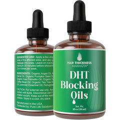 Hair Thickness Maximizer DHT Serum bottle shows vegan unscented formula for daily scalp hydration