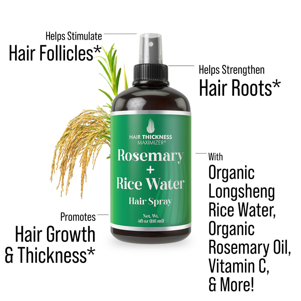 Hair Thickness Maximizer ingredients close-up highlighting organic rosemary and rice water