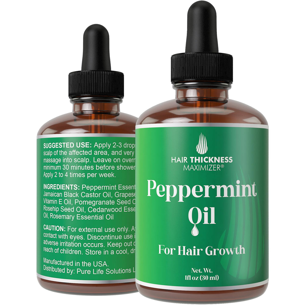 Hair Thickness Maximizer Peppermint Oil bottle 1oz on a clean surface for hair growth support.