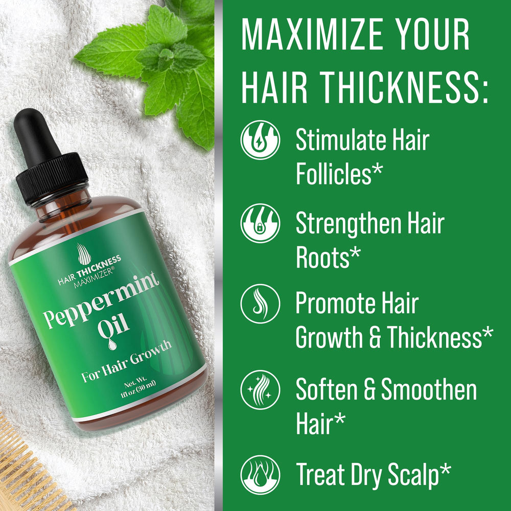 Hair Thickness Maximizer Peppermint Oil dropper demonstrates precise scalp application.