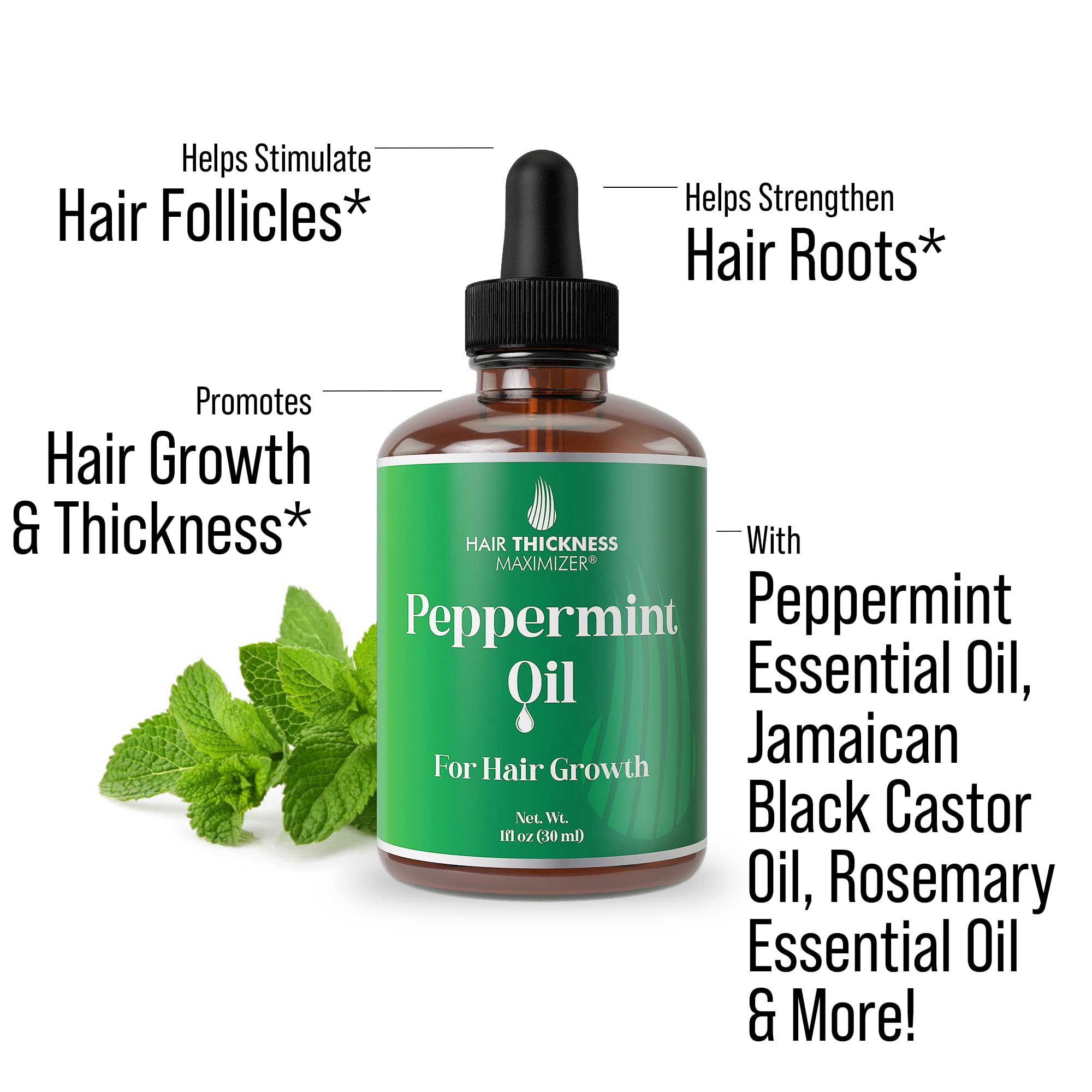 Hair Thickness Maximizer Peppermint Oil ingredients blend close-up shows natural oils nourishing scalp.