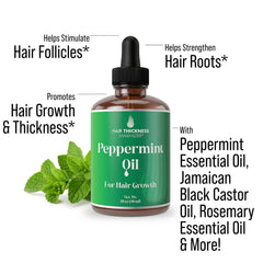 Hair Thickness Maximizer Peppermint Oil ingredients blend close-up shows natural oils nourishing scalp.