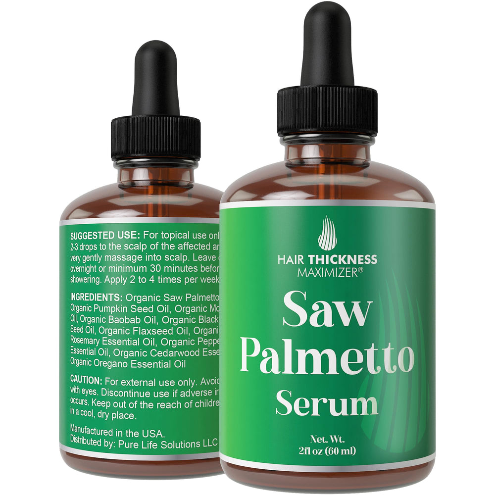 Hair Thickness Maximizer Saw Palmetto Serum bottle highlights vegan scalp care and potential thickening.