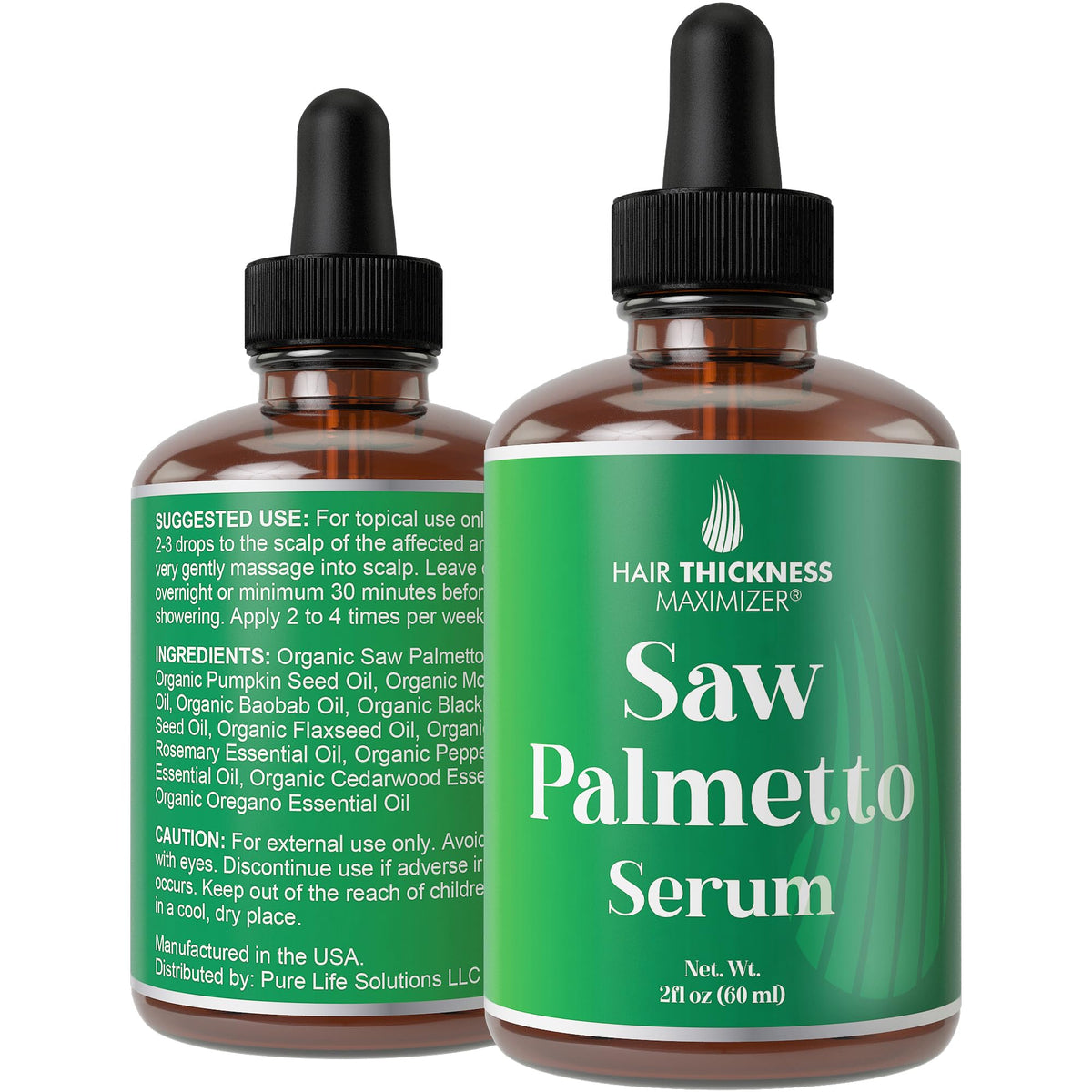 Hair Thickness Maximizer Saw Palmetto Serum bottle highlights vegan scalp care and potential thickening.