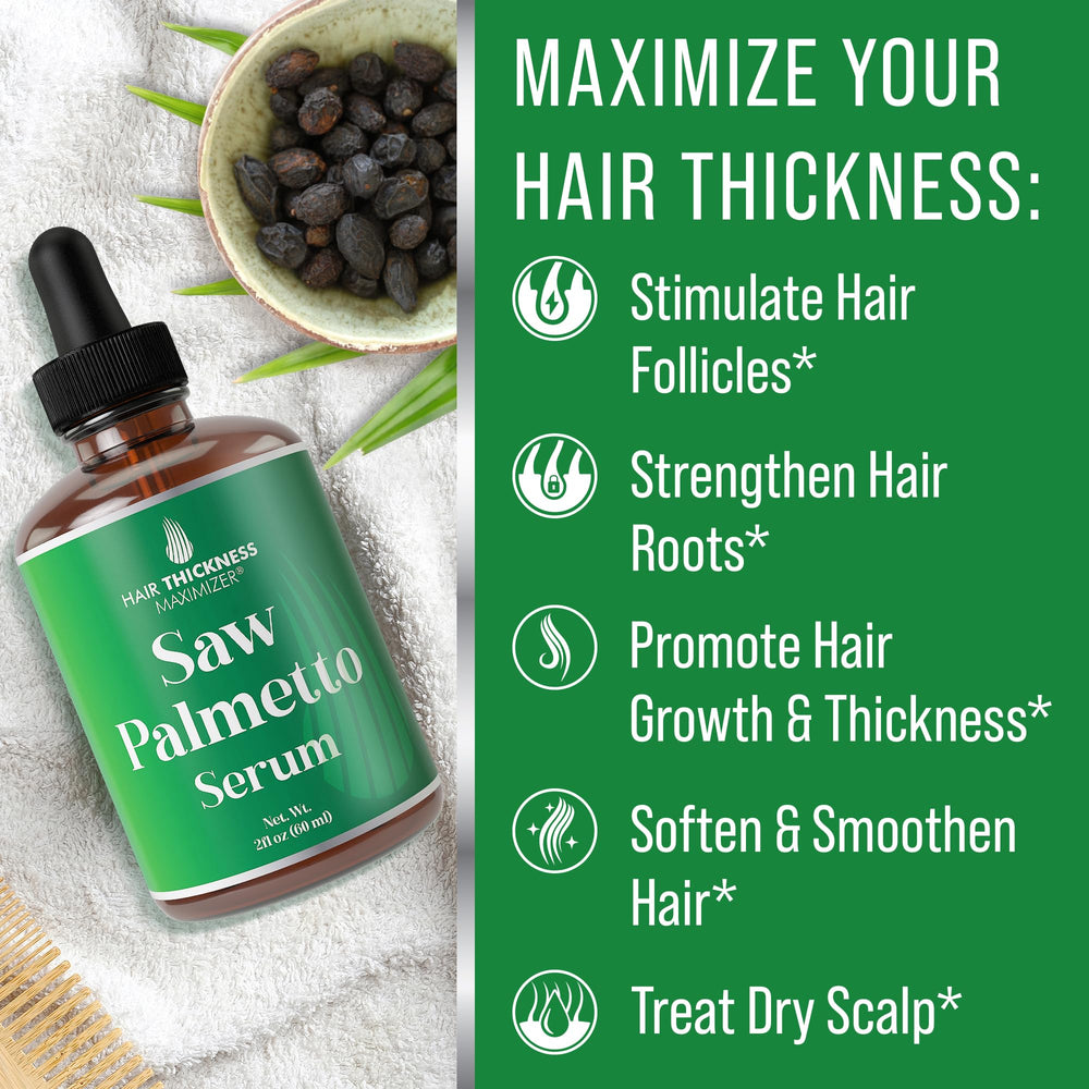 Hair Thickness Maximizer Saw Palmetto Serum in-use on scalp supports nourishing routine.