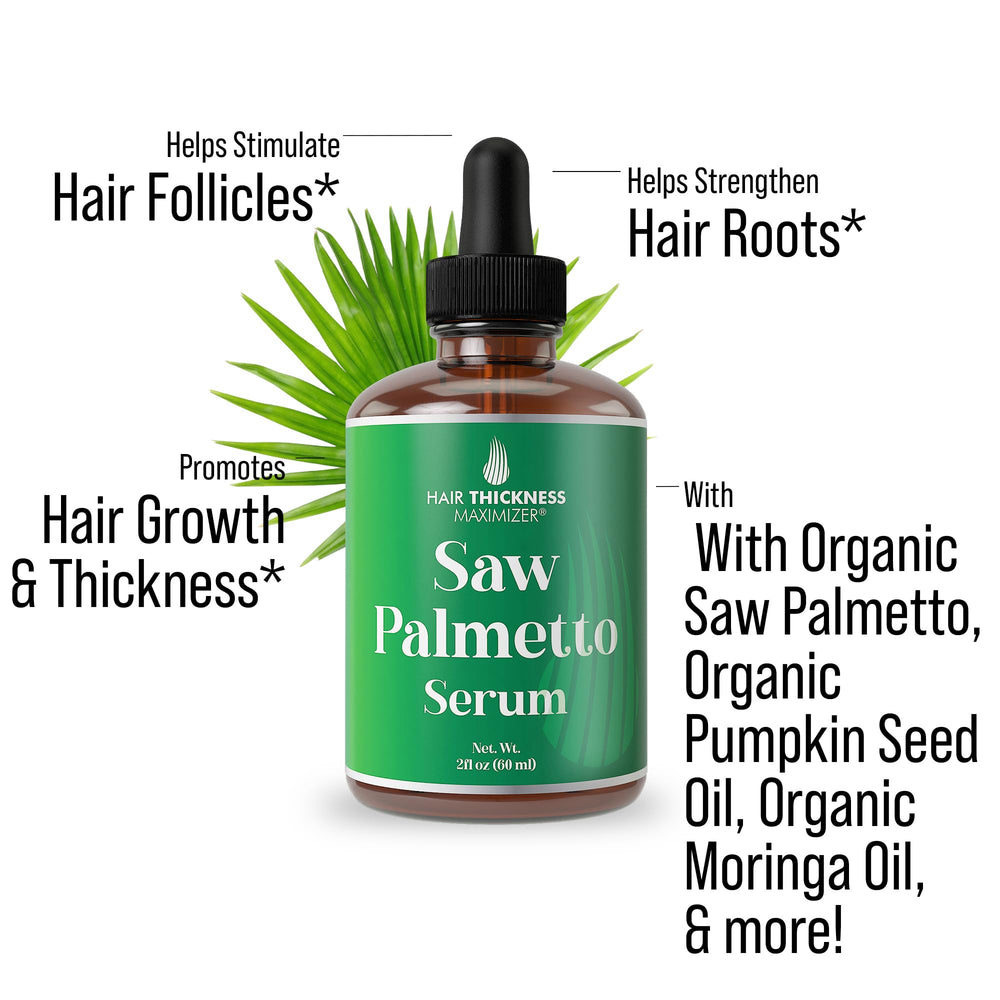 Hair Thickness Maximizer Saw Palmetto Serum ingredients blend shows rosemary and peppermint for refreshment.