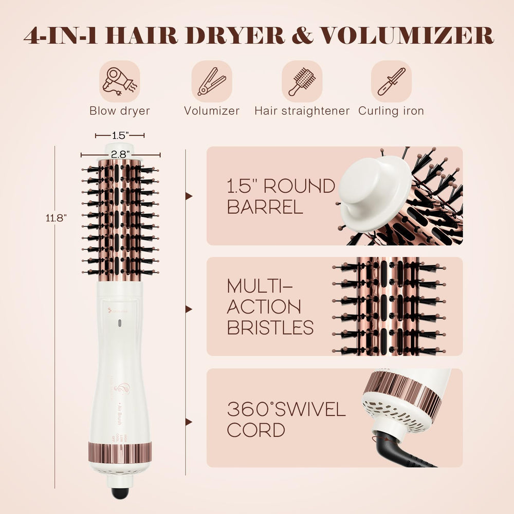 Hair Trends dual-voltage dryer brush with universal adapter for worldwide travel.