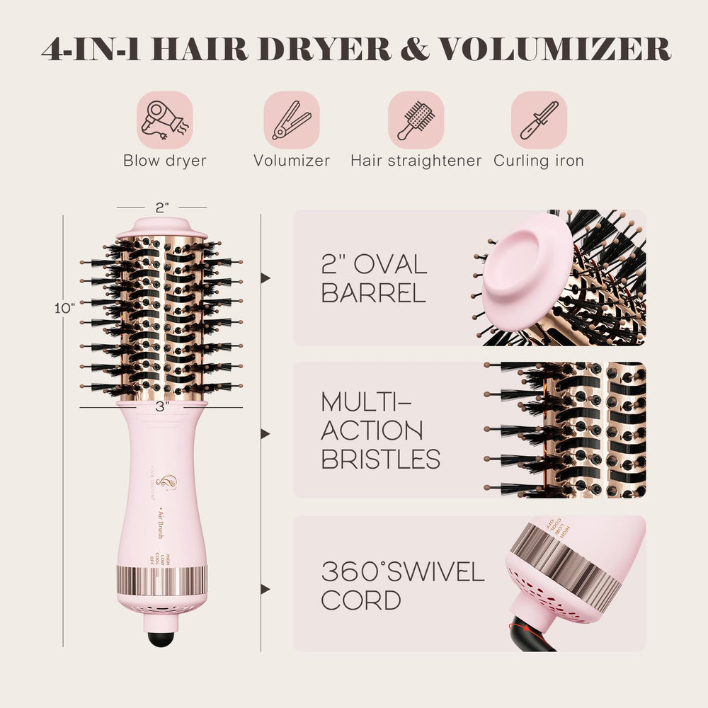 Hair Trends four-in-one hair styler close-up showing dryer, straightener, curler, brush versatility.