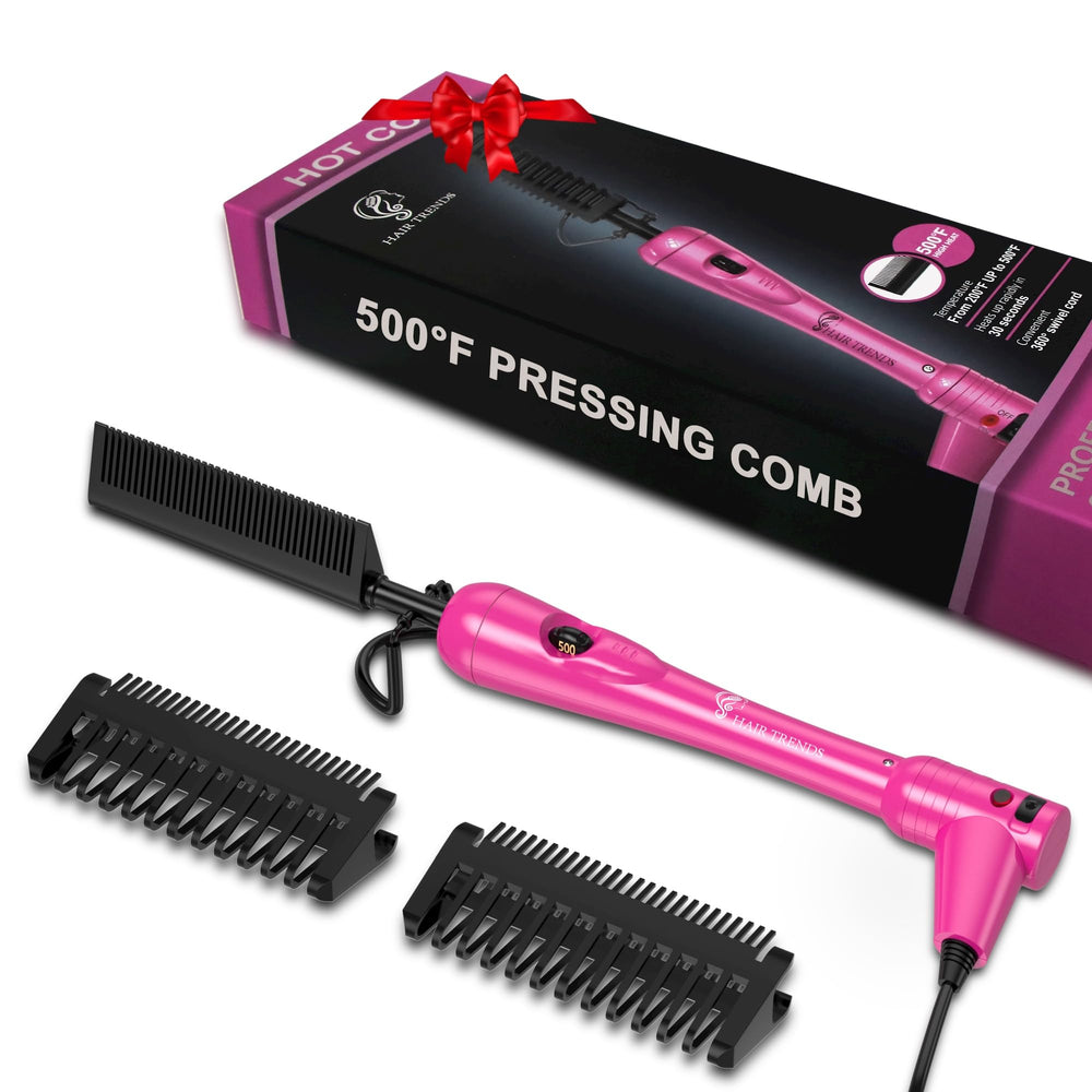 Hair Trends Mini Pink Hot Comb shows 500-degree heat for fast styling.