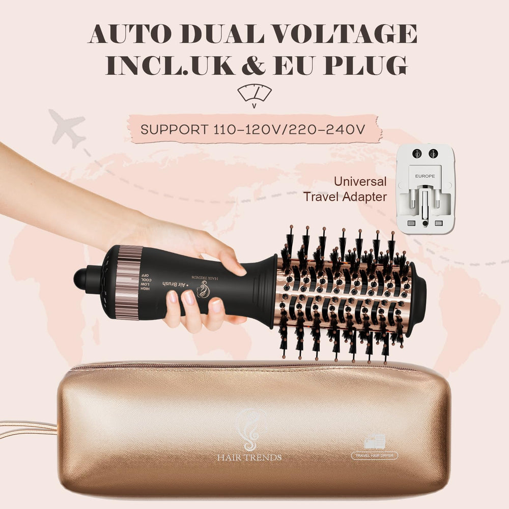 Hair Trends travel brush dryer compact design fits in luggage or gym bag.