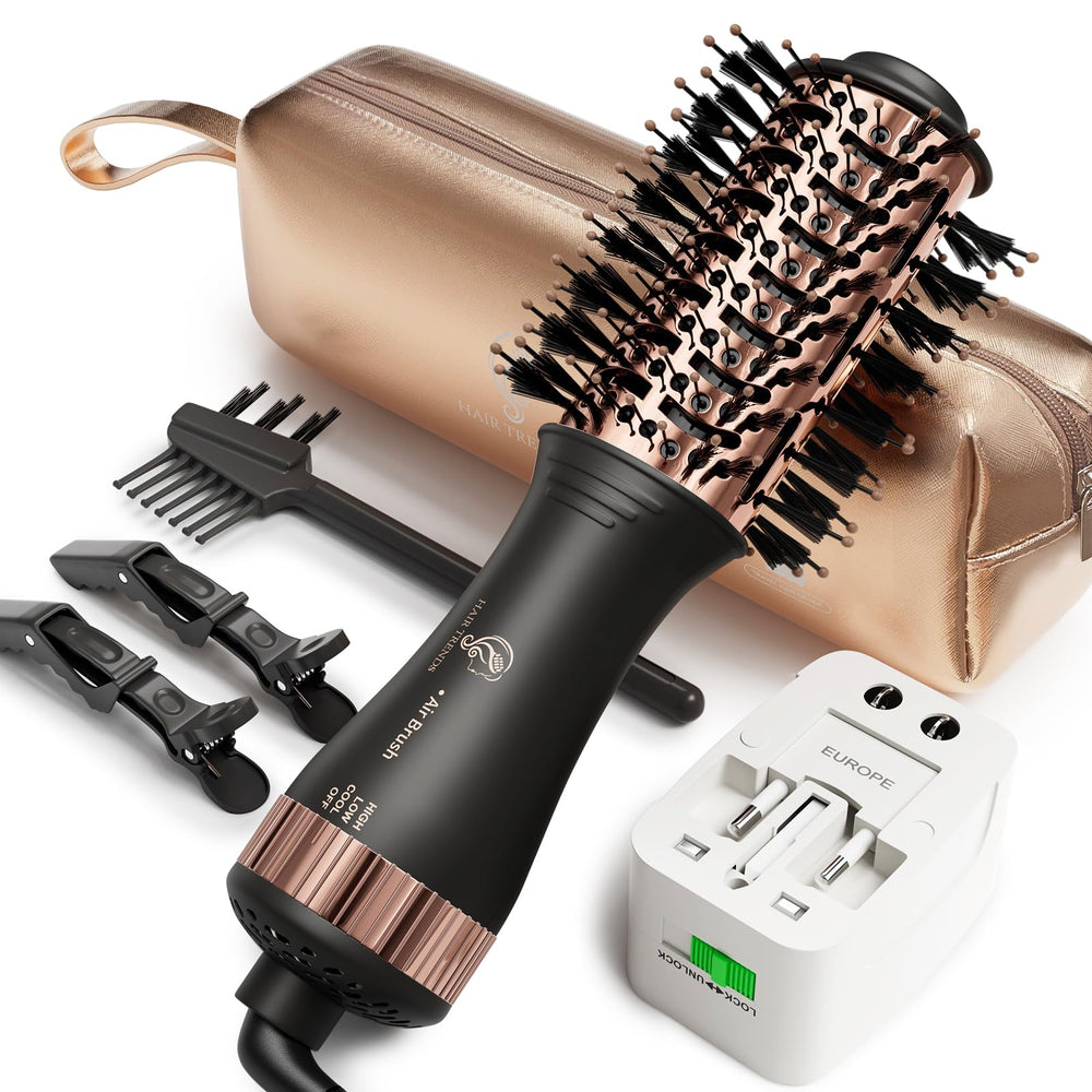 Hair Trends travel brush dryer top view highlights compact portability for travel.