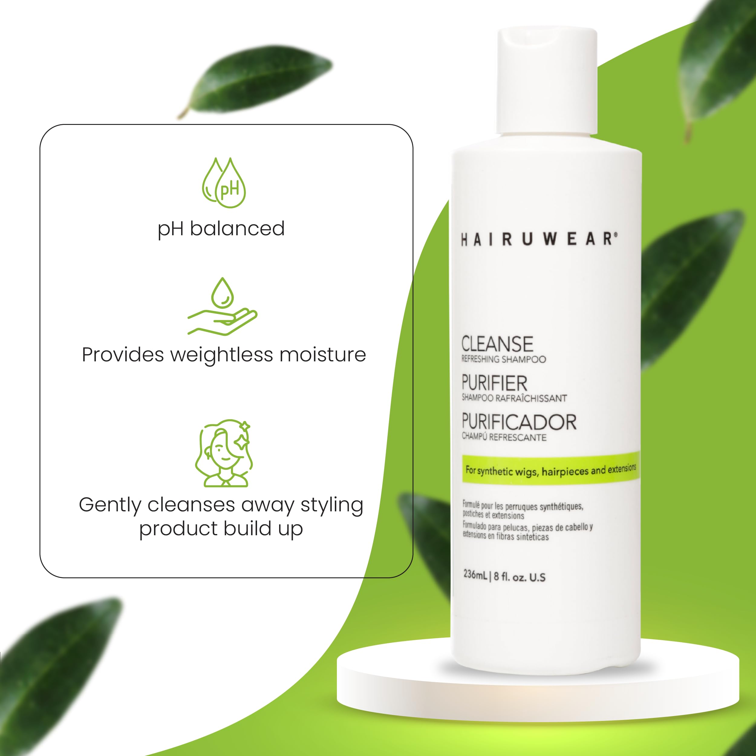 Hair U Wear cleansing shampoo demonstrates residue removal on synthetic wigs.