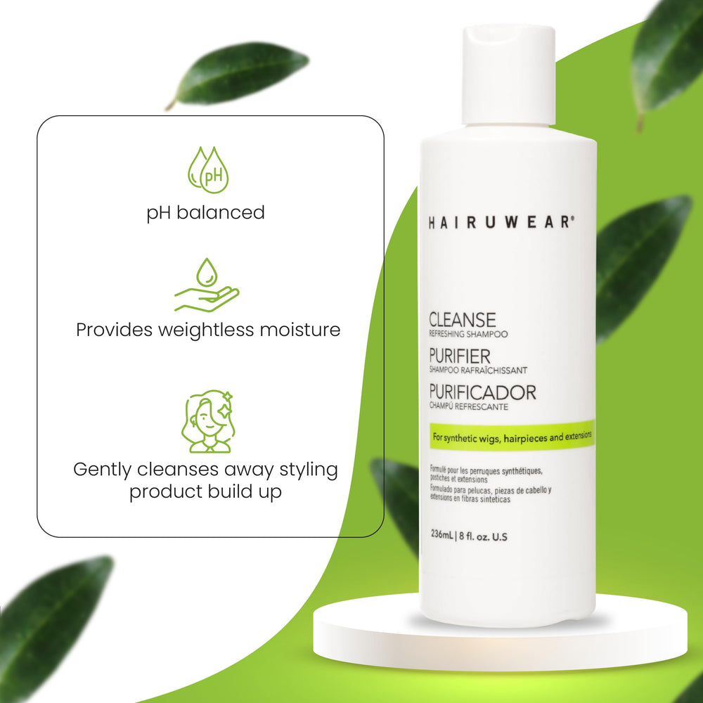 Hair U Wear cleansing shampoo demonstrates residue removal on synthetic wigs.