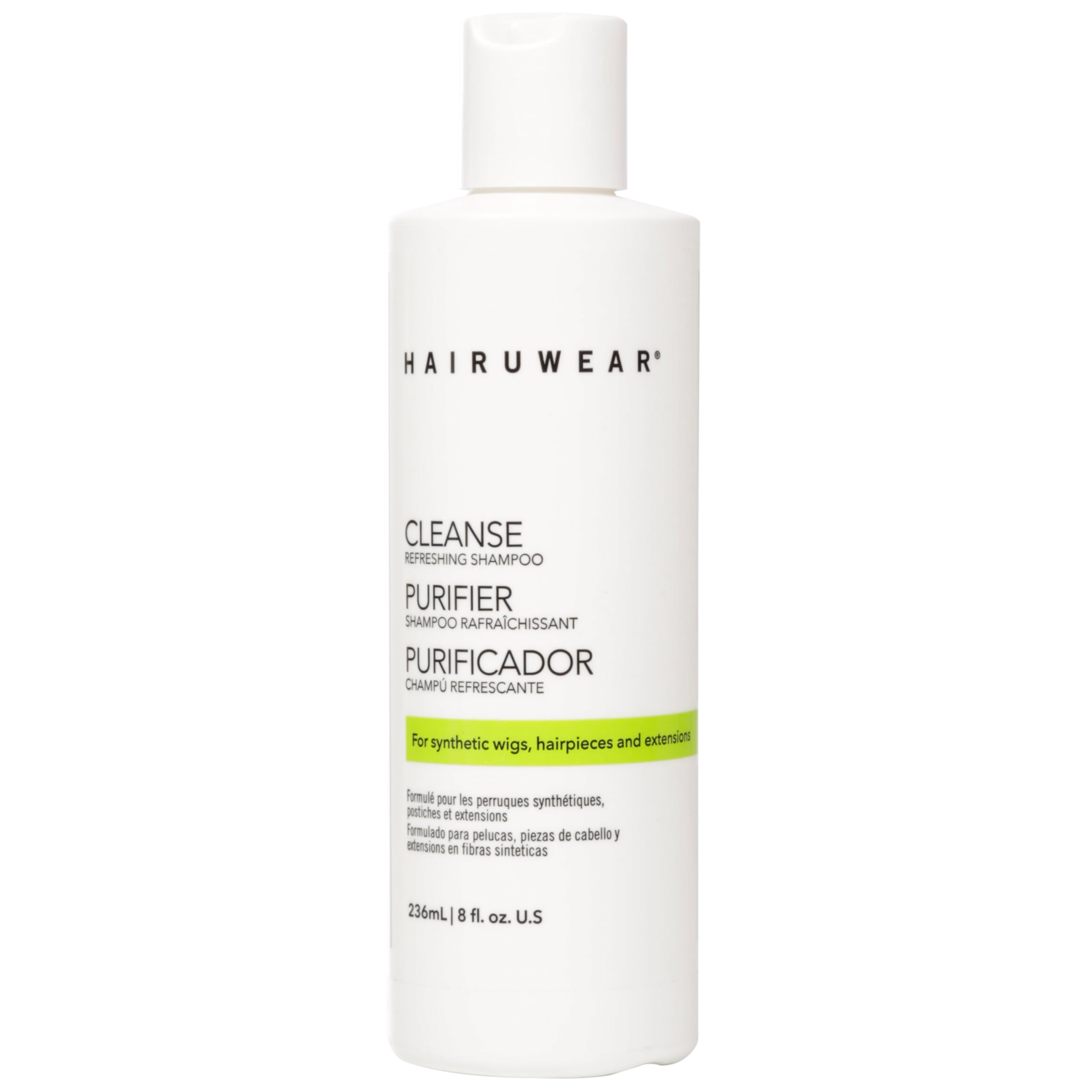 Hair U Wear cleansing shampoo bottle shows gentle cleanse for synthetic wigs and extensions.