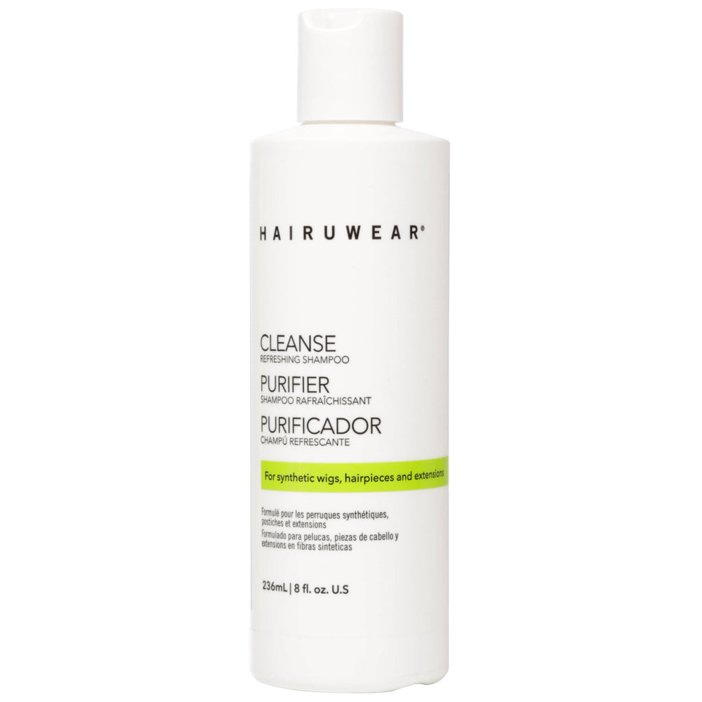 Hair U Wear cleansing shampoo bottle shows gentle cleanse for synthetic wigs and extensions.