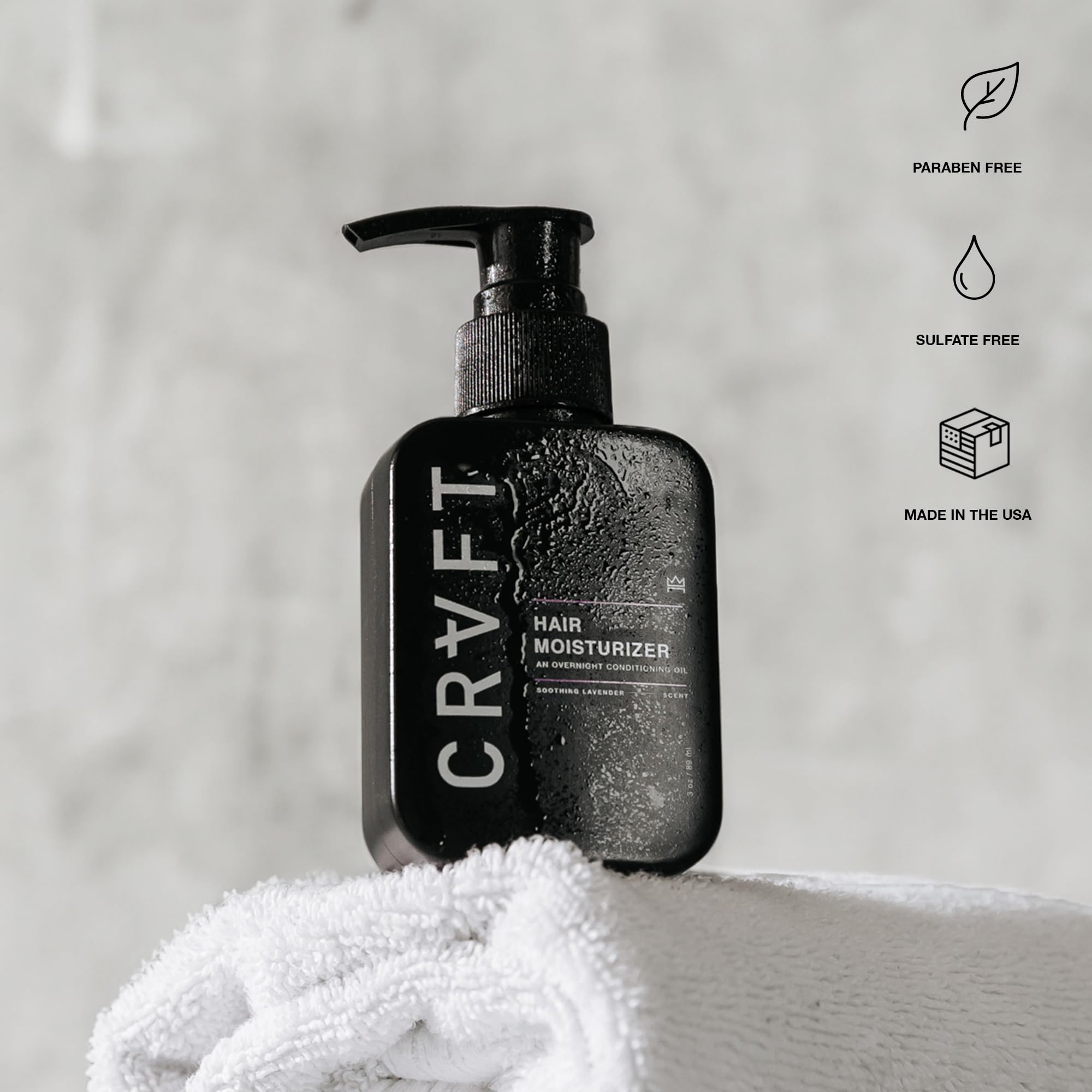 Hair Craft Co. CRVFT packaging highlights travel-friendly 3oz bottle for on-the-go routines.