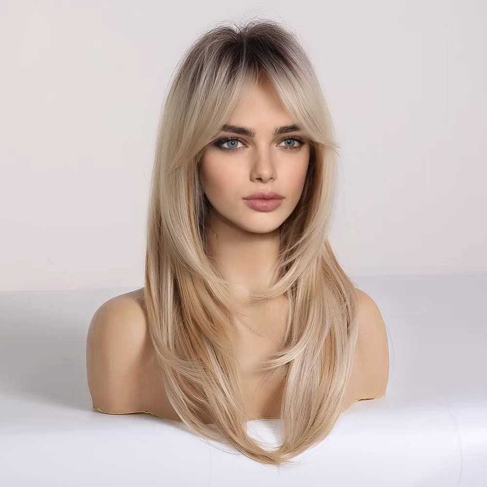 HAIRCUBE Blonde Wigs Long Curly bangs closeup shows natural bangs and hairline coverage.