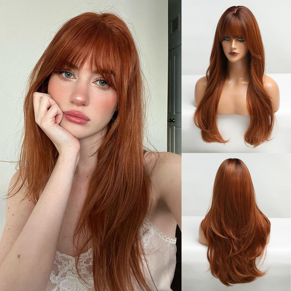 HAIRCUBE Long Auburn Wig with Bangs close-up curls for natural volume